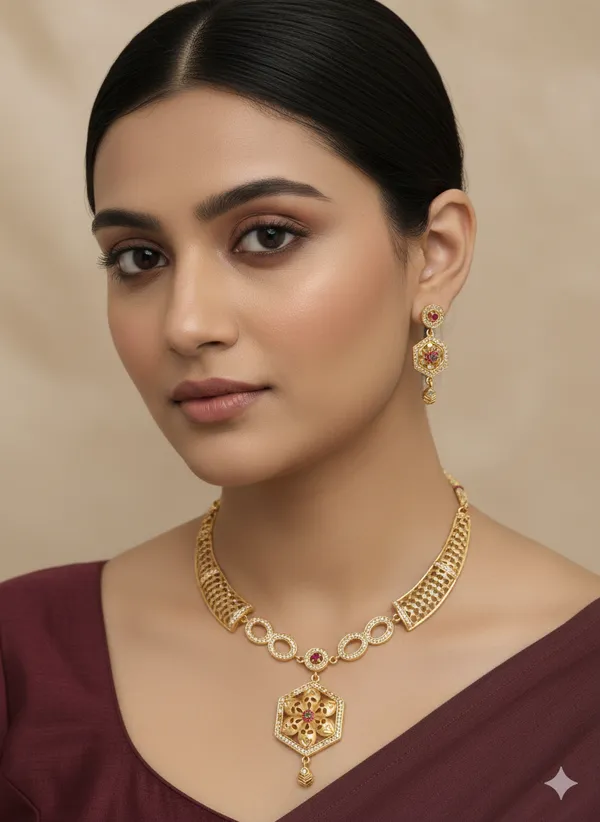 Elegant_Gold_Plated_Flower_Design_Necklace_Set_with_And_Diamonds