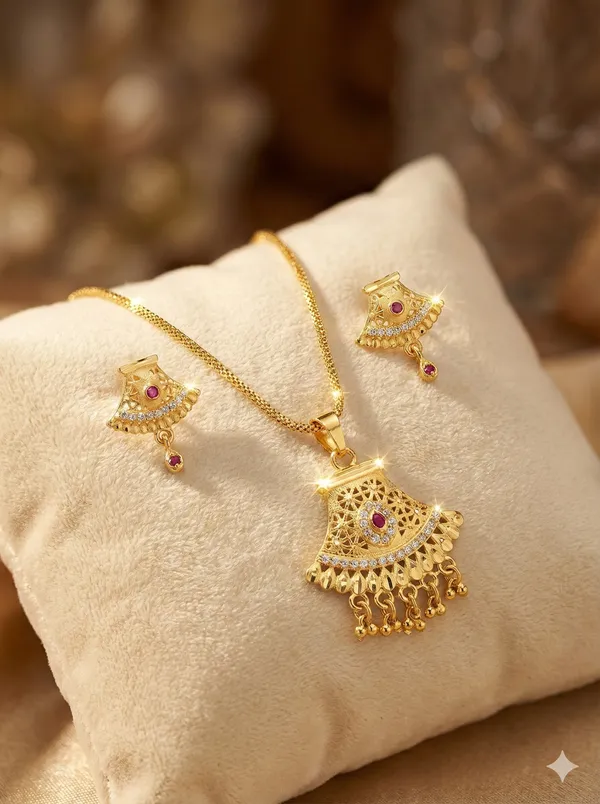 Women's_Traditional_Gold_Chain_Pendant_with_Hanging_Beads_&_Stud_Earrings