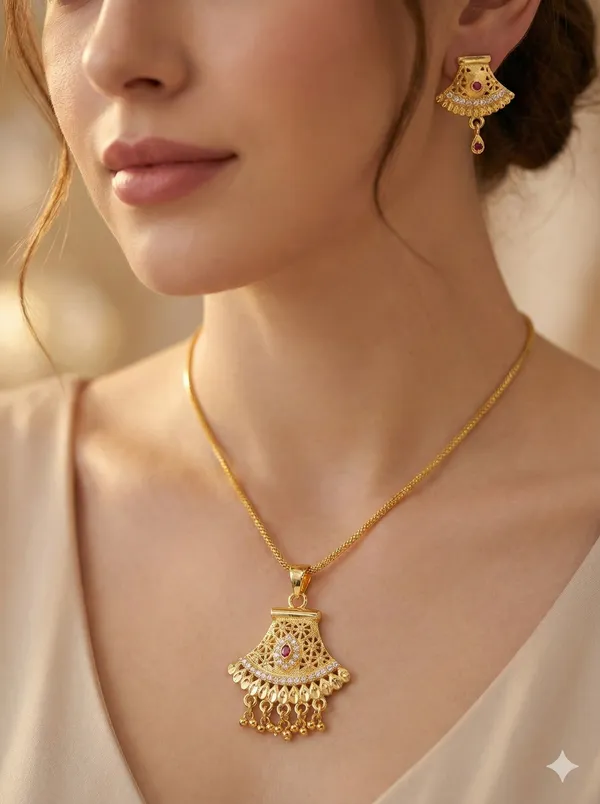 Women's_Traditional_Gold_Chain_Pendant_with_Hanging_Beads_&_Stud_Earrings