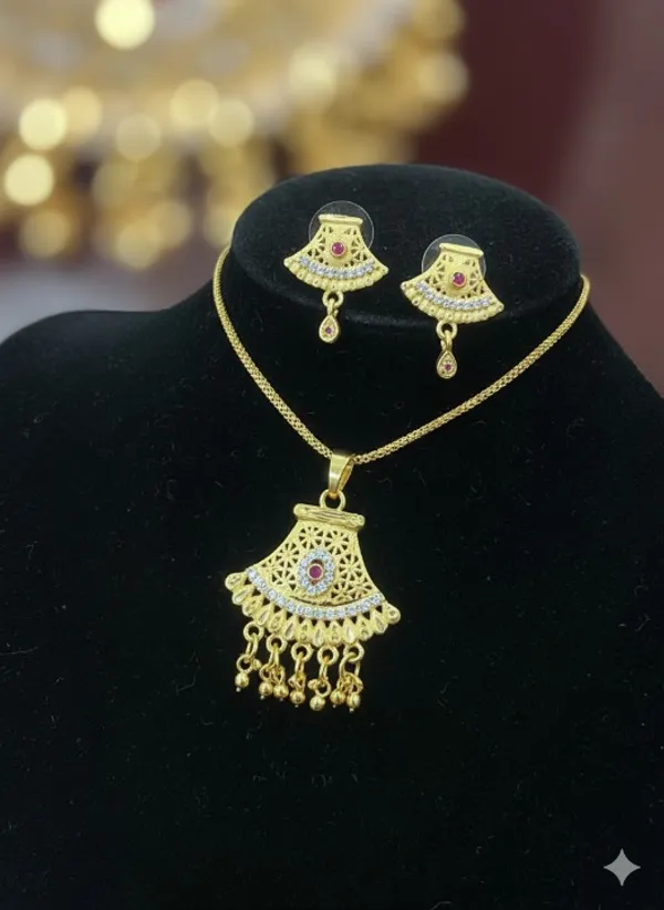 Women's_Traditional_Gold_Chain_Pendant_with_Hanging_Beads_&_Stud_Earrings