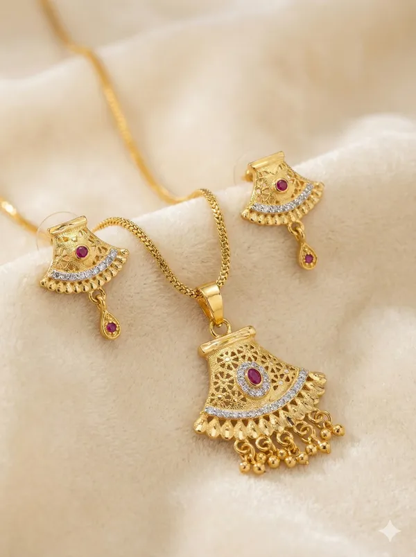 Women's_Traditional_Gold_Chain_Pendant_with_Hanging_Beads_&_Stud_Earrings