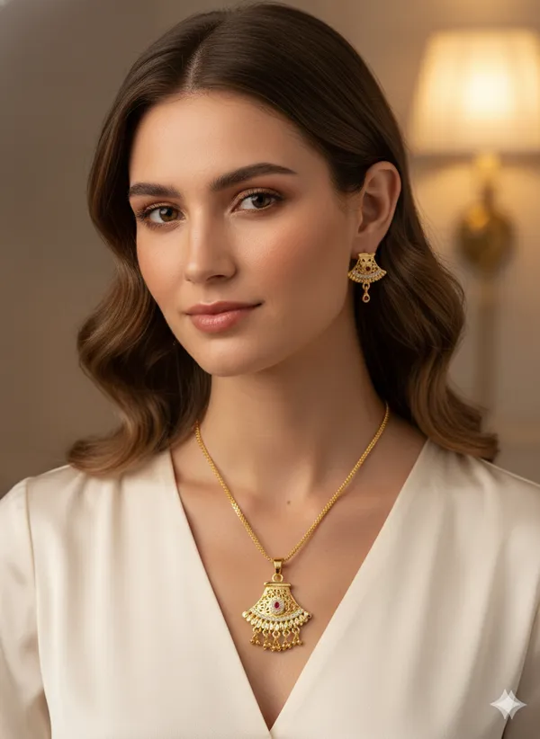 Women's_Traditional_Gold_Chain_Pendant_with_Hanging_Beads_&_Stud_Earrings