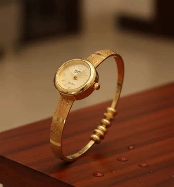 Gold_Plated_White_Dial_Adjustable_Bracelet_Watch_For_Women