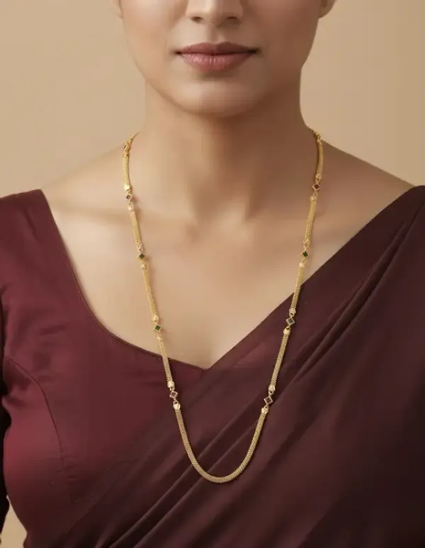 Micro_Gold_Plated_And_Diamond_Studded_Kempu_Work_Chain_-_30_Inches
