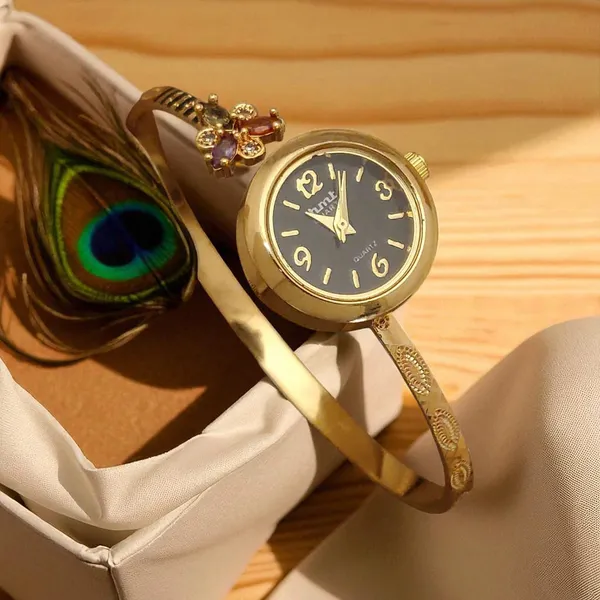 Premium_High_Gold_Plated_And_Diamond_Studded_Flower_Adjustable_Black_Watch_For_Women