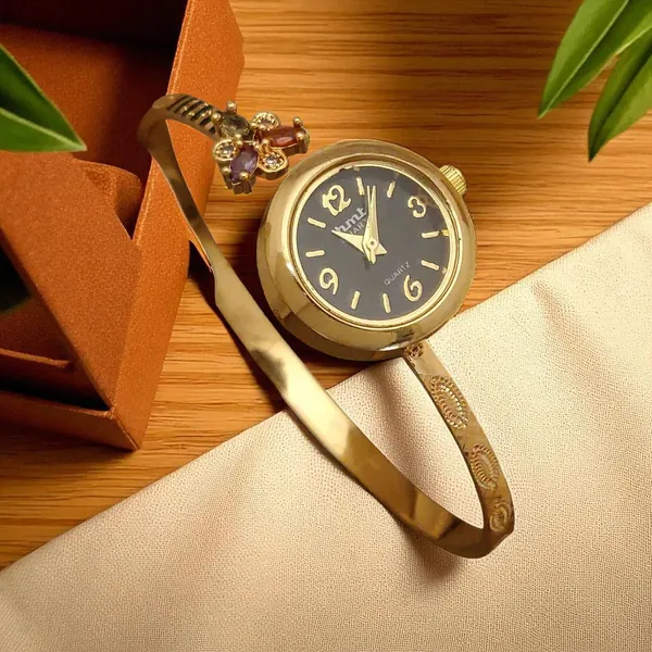 Premium_High_Gold_Plated_And_Diamond_Studded_Flower_Adjustable_Black_Watch_For_Women