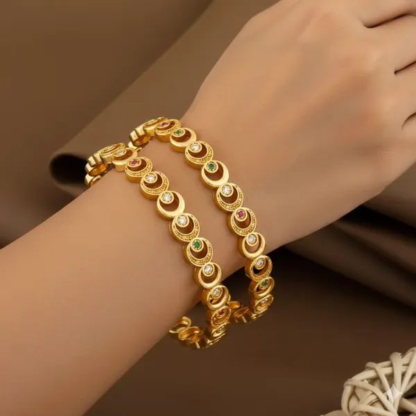 New_Designer_Micro_Gold_Plated_And_Diamond_Fancy_2_Pcs_Moon_Bangle_For_Women
