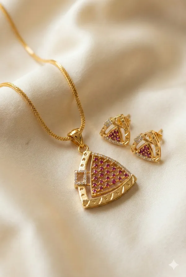 Micro_Gold_Plated_Royal_Ruby_Triangle_-Shaped_Pendant_Set_with_Earrings