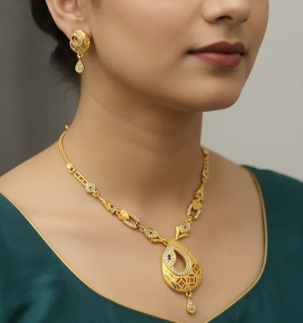 Micro_Gold_Plated_And__Diamond_Studded_Fancy_Oval__Pendant_Set_with_Earring