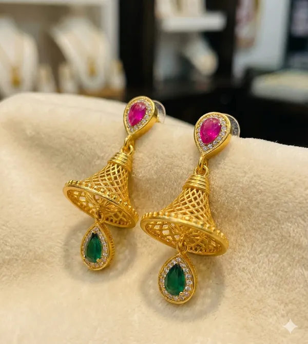 Micro_Gold_Plated_And_Diamond_Pink_Green_Stone_Daily_Wear_Fancy_Jhumka_Earring