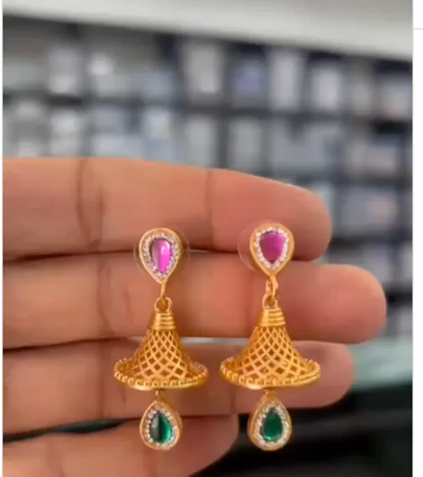Micro_Gold_Plated_And_Diamond_Pink_Green_Stone_Daily_Wear_Fancy_Jhumka_Earring