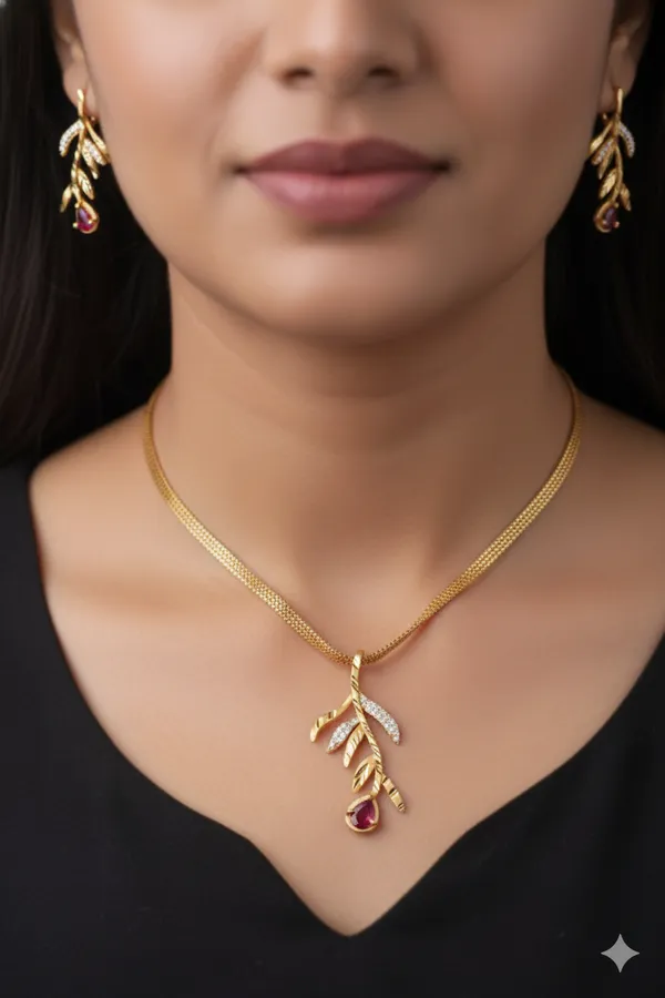 Micro_Gold_Plated_And_Diamond_Studded_Fancy_Leaf_Pendant_Set_with_Earring
