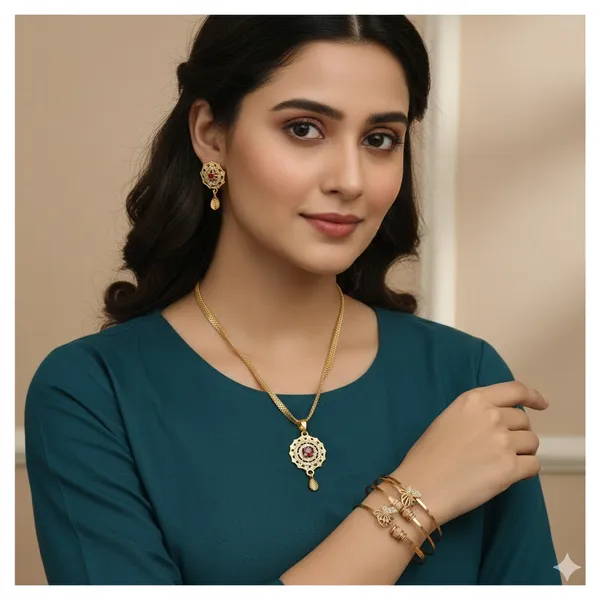 Micro_Gold_Plated_And_Diamond_Studded_Fancy_Flower_Pendant_with_18_Inches_Chain_with_Adjustable_Bangle