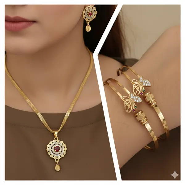 Micro_Gold_Plated_And_Diamond_Studded_Fancy_Flower_Pendant_with_18_Inches_Chain_with_Adjustable_Bangle
