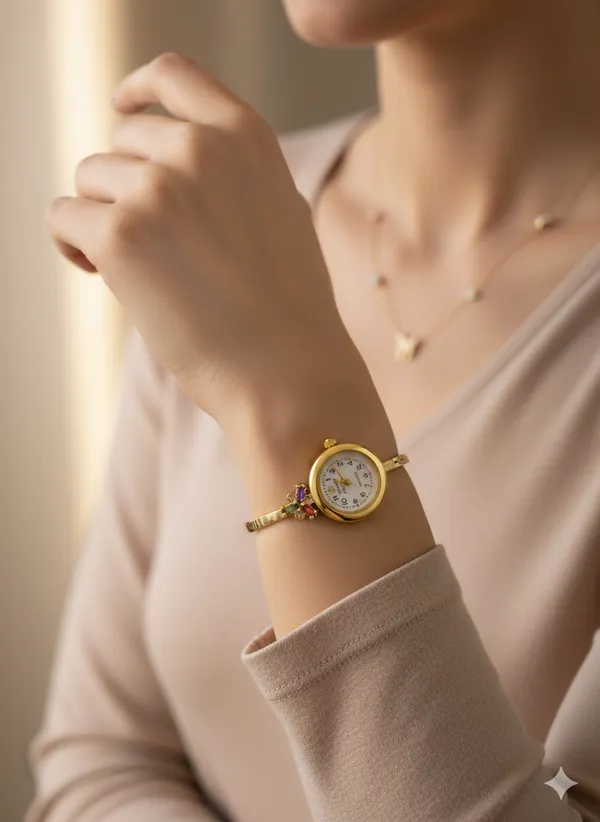 Micro_Gold_Plated_And_Diamond_Flower_Design_Adjustable_Bracelet_Watch