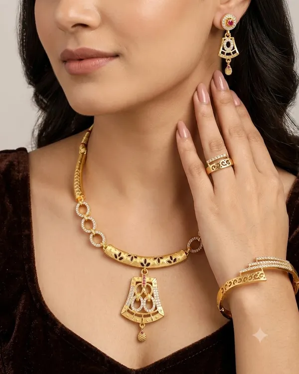 Designer_Micro_Gold_Plated_AD_Diamond_Studded_Traditional_Pendant_Set_with_Adjustable_Bracelet_&_Ring_Combo