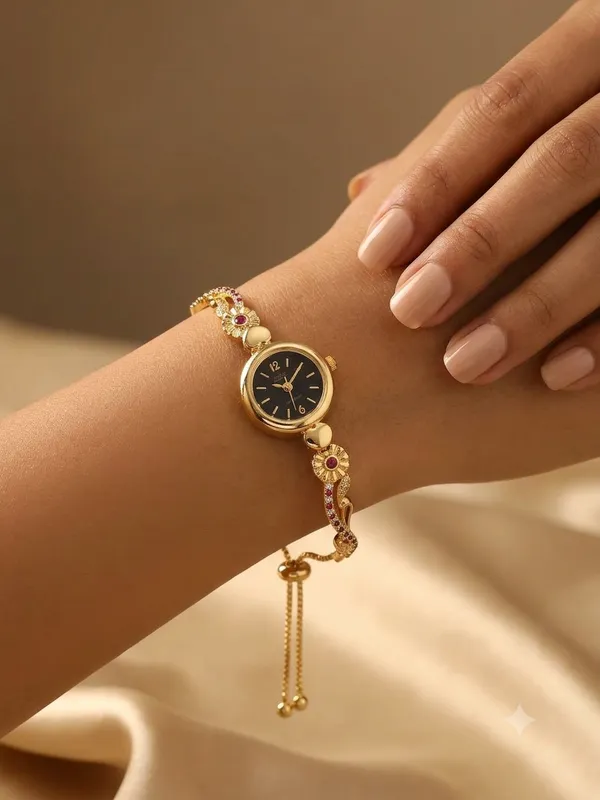 Gold_Plated_White_Dial_Floral_Bracelet_Watch_For_Women