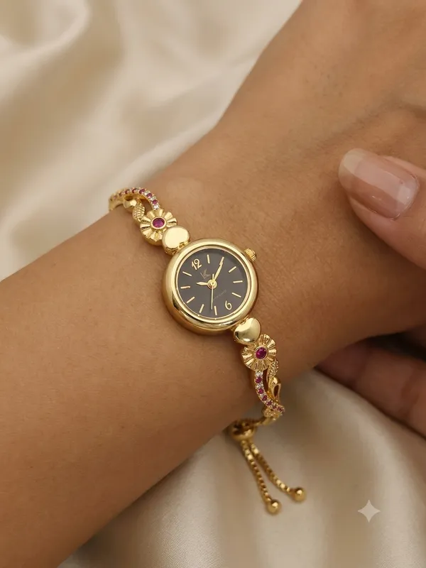 Gold_Plated_White_Dial_Floral_Bracelet_Watch_For_Women