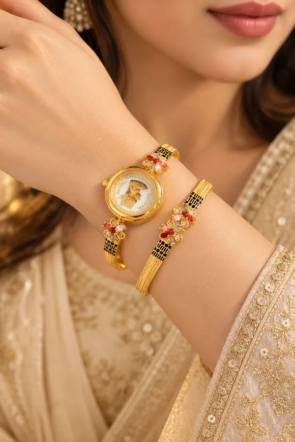 High_Gold_Plated_Ruby_Stone_Designer_Watch_&_Bangle_Combo_Set_for_Women