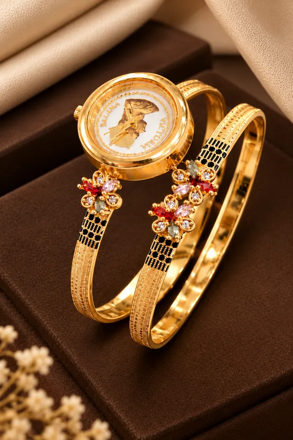 High_Gold_Plated_Ruby_Stone_Designer_Watch_&_Bangle_Combo_Set_for_Women