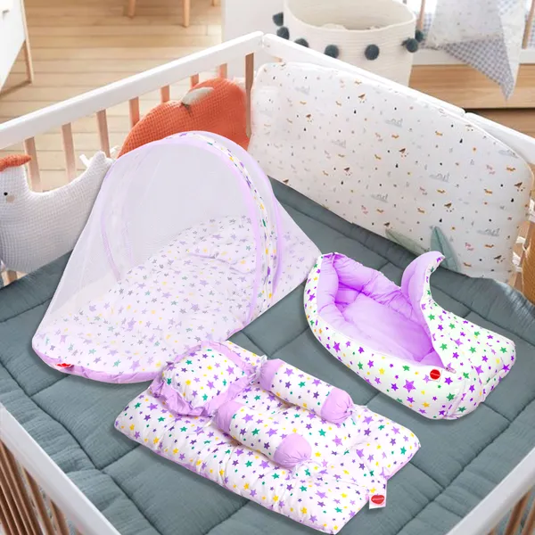 Joy_Baby_4_Piece_Bedding_Set_with_Pillow_and_Bolsters_Sleeping_Bag_and_Bedding_Set_Combo_(Purple)