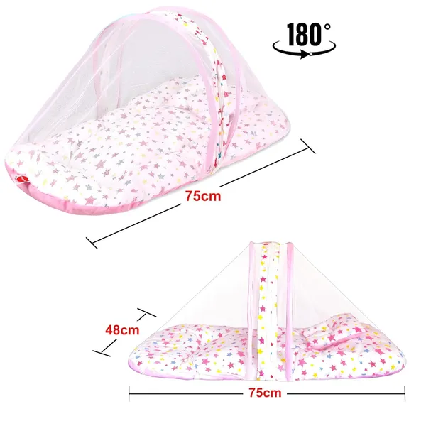 __Joy_Baby_Bed_with_Mosquito_Net_with_Zip_Closure_&_Neck_Pillow,_Baby_Bedding_for_New_Born,_3M+,_Star_Print,_Baby_Sleeping_Bed(White_&_Pink)