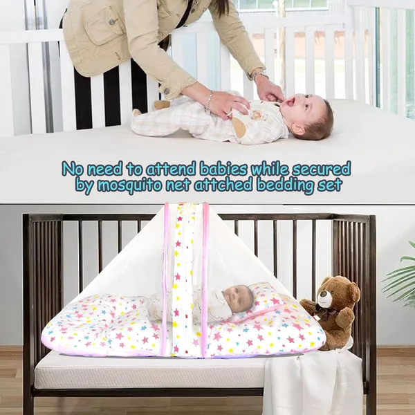 __Joy_Baby_Bed_with_Mosquito_Net_with_Zip_Closure_&_Neck_Pillow,_Baby_Bedding_for_New_Born,_3M+,_Star_Print,_Baby_Sleeping_Bed(White_&_Pink)