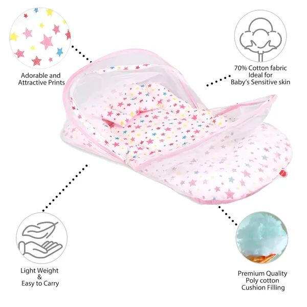 __Joy_Baby_Bed_with_Mosquito_Net_with_Zip_Closure_&_Neck_Pillow,_Baby_Bedding_for_New_Born,_3M+,_Star_Print,_Baby_Sleeping_Bed(White_&_Pink)