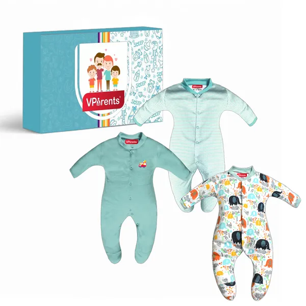Full_Length_Printed_Baby_Footies_Sleepsuit_Romper_Pack_of_3-(Green)