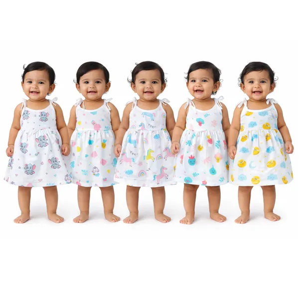 VParents_100%_Organic_Cotton_knoted_tying _Newborn_Baby_Girls_Sleeveless_Summerwear_Dress_|_Casual_Muslin_Frock_with_Multiple_Cute_Prints_for_Infants_Pack_of_5_(0-3_months)