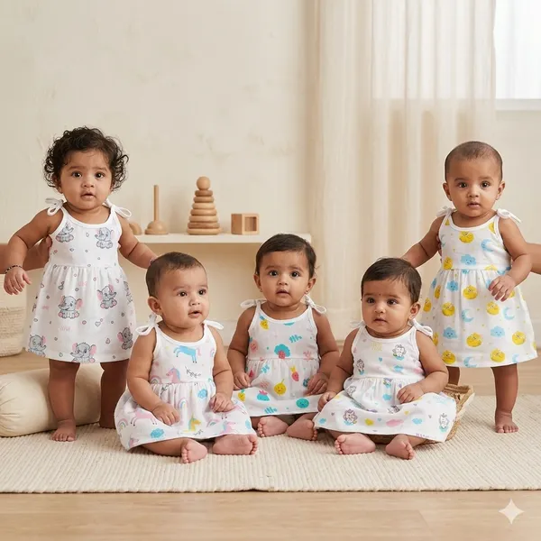 VParents_100%_Organic_Cotton_knoted_tying _Newborn_Baby_Girls_Sleeveless_Summerwear_Dress_|_Casual_Muslin_Frock_with_Multiple_Cute_Prints_for_Infants_Pack_of_5_(0-3_months)