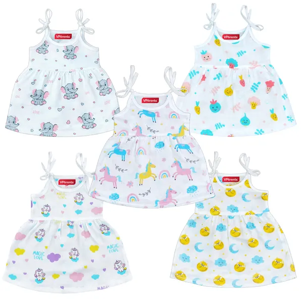 VParents_100%_Organic_Cotton_knoted_tying _Newborn_Baby_Girls_Sleeveless_Summerwear_Dress_|_Casual_Muslin_Frock_with_Multiple_Cute_Prints_for_Infants_Pack_of_5_(0-3_months)