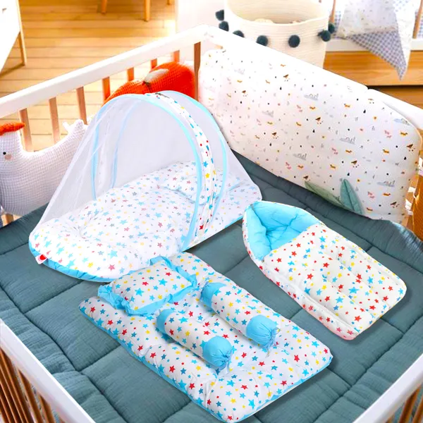 Joy_Baby_4_Piece_Bedding_Set_with_Pillow_and_Bolsters_Sleeping_Bag_and_Bedding_Set_Combo_(Blue)