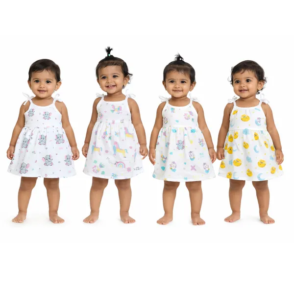 VParents_100%_Organic_Cotton_knoted_tying _Newborn_Baby_Girls_Sleeveless_Summerwear_Dress_|_Casual_Muslin_Frock_with_Multiple_Cute_Prints_for_Infants_Pack_of_4_(0-3_months)