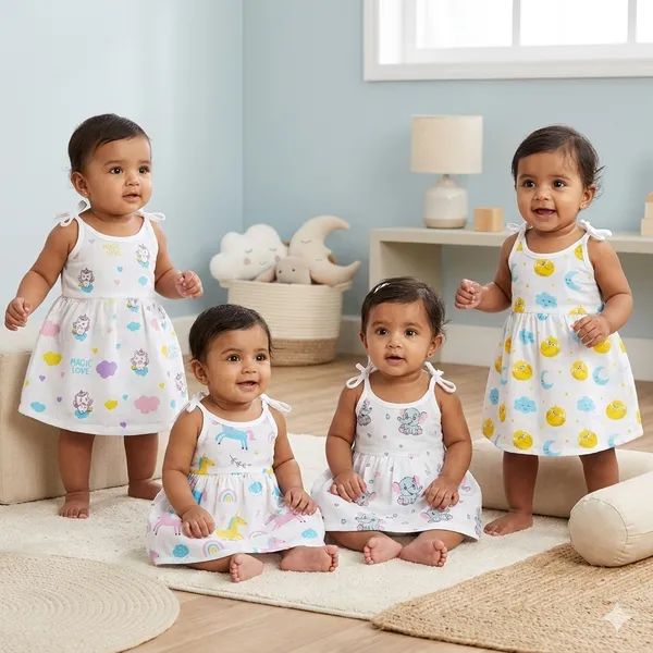 VParents_100%_Organic_Cotton_knoted_tying _Newborn_Baby_Girls_Sleeveless_Summerwear_Dress_|_Casual_Muslin_Frock_with_Multiple_Cute_Prints_for_Infants_Pack_of_4_(0-3_months)
