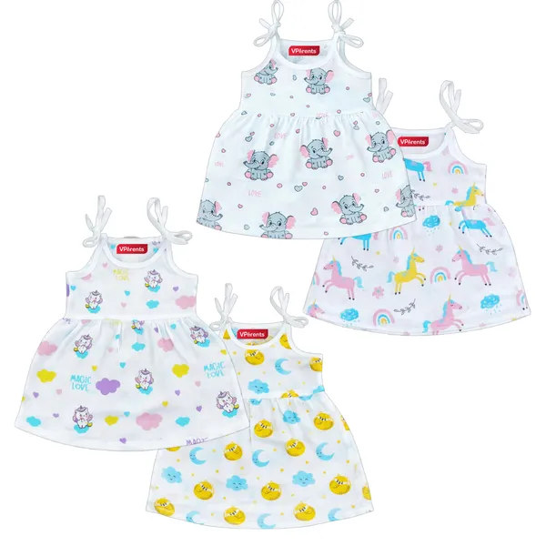 VParents_100%_Organic_Cotton_knoted_tying _Newborn_Baby_Girls_Sleeveless_Summerwear_Dress_|_Casual_Muslin_Frock_with_Multiple_Cute_Prints_for_Infants_Pack_of_4_(0-3_months)