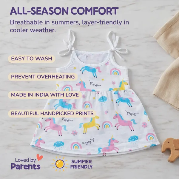 VParents_100%_Organic_Cotton_knoted_tying _Newborn_Baby_Girls_Sleeveless_Summerwear_Dress_|_Casual_Muslin_Frock_with_Multiple_Cute_Prints_for_Infants_Pack_of_5_(0-3_months)