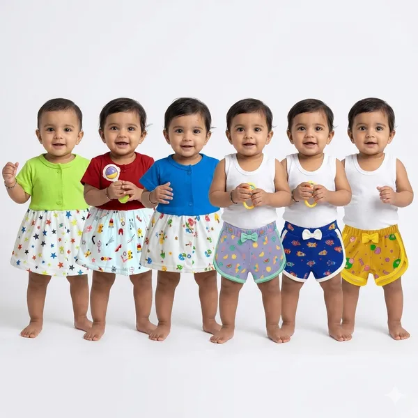 VParents_Cotton_Knee-Length_Halfsleeves_Girls_Frock_and_Girls_shorts__pack_of_3