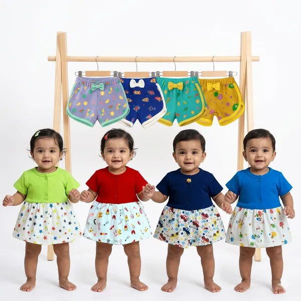 VParents_Cotton_Knee-Length_Halfsleeves_Girls_Frock_and_Girls_shorts_pack_of_4