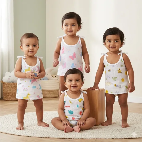 VParents_Organic_100%_Cotton_Muslin_Knot_Tying_Jhabla_for_Boys_&_Girls_,Summerwear_Jabala_,Sleeveless_Vest_Assorted_Pack_of_4_