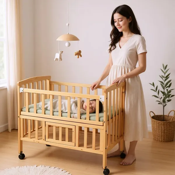 Vparents_Wooden_Multi_Usage_Baby_Crib_Cot_Cradle_Bed_With_Mattress_And_Mosquito_Net_With_Storage_Space_0-3_Year