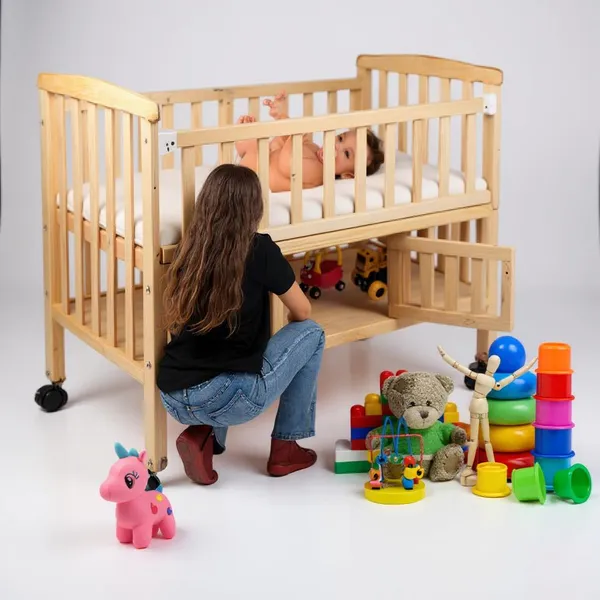 Vparents_Wooden_Multi_Usage_Baby_Crib_Cot_Cradle_Bed_With_Mattress_And_Mosquito_Net_With_Storage_Space_0-3_Year