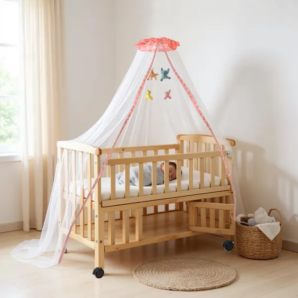 Vparents_Wooden_Multi_Usage_Baby_Crib_Cot_Cradle_Bed_With_Mattress_And_Mosquito_Net_With_Storage_Space_0-3_Year