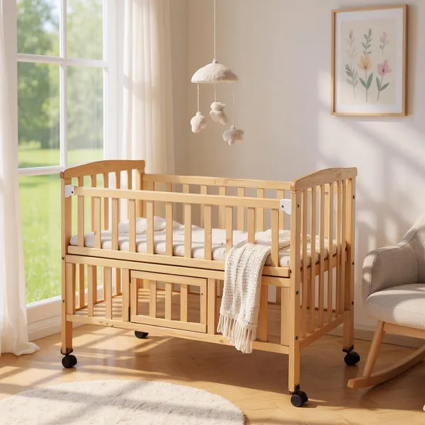 Vparents_Wooden_Multi_Usage_Baby_Crib_Cot_Cradle_Bed_With_Mattress_And_Mosquito_Net_With_Storage_Space_0-3_Year