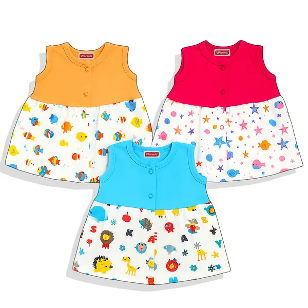 VParents_Cotton_Knee-Length_Sleeveless_Girls_Frock_pack_of_3