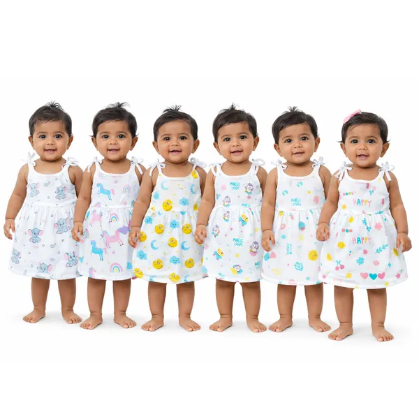 VParents_100%_Organic_Cotton_knoted_tying _Newborn_Baby_Girls_Sleeveless_Summerwear_Dress_|_Casual_Muslin_Frock_with_Multiple_Cute_Prints_for_Infants_Pack_of_6_(0-3_months)