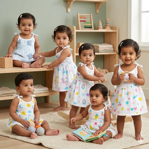 VParents_100%_Organic_Cotton_knoted_tying _Newborn_Baby_Girls_Sleeveless_Summerwear_Dress_|_Casual_Muslin_Frock_with_Multiple_Cute_Prints_for_Infants_Pack_of_6_(0-3_months)