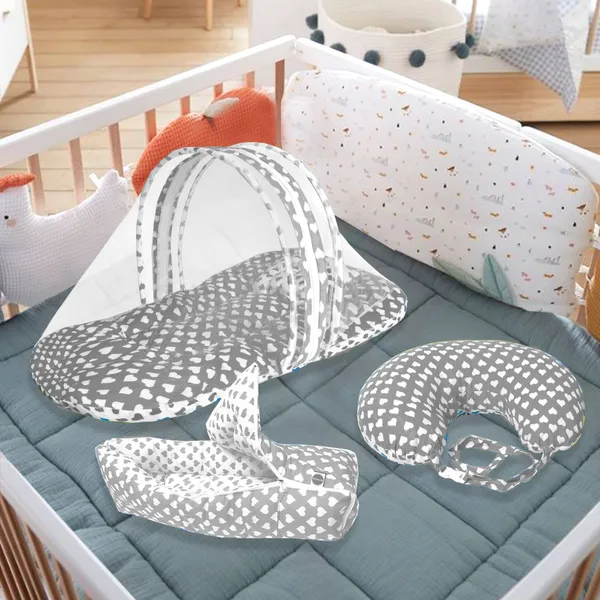Rosy_Baby_Bedding_Mattress_Set_with_Mosquito_net_Breast_Bottle_Feeding_Nursing_Positioner_Pillow_and_Sleeping_Bag_Combo_0_to_12_Months_(Grey)