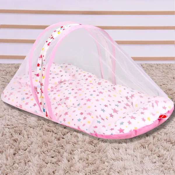 __Joy_Baby_Bed_with_Mosquito_Net_with_Zip_Closure_&_Neck_Pillow,_Baby_Bedding_for_New_Born,_3M+,_Star_Print,_Baby_Sleeping_Bed(White_&_Pink)