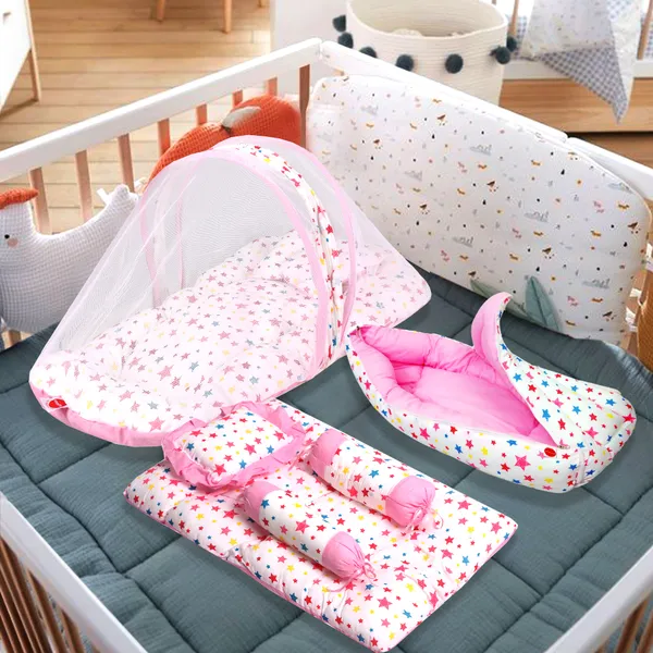 Joy_Baby_4_Piece_Bedding_Set_with_Pillow_and_Bolsters_Sleeping_Bag_and_Bedding_Set_Combo_(Pink)